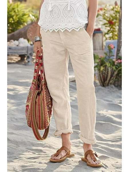 Women Vacation Casual Plain Long Pants, Khaki, Pants