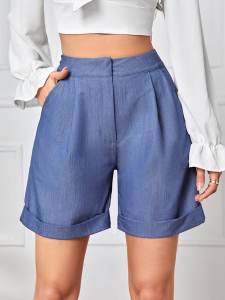 Loosen Pockets Plain Shorts, Blue, Shorts