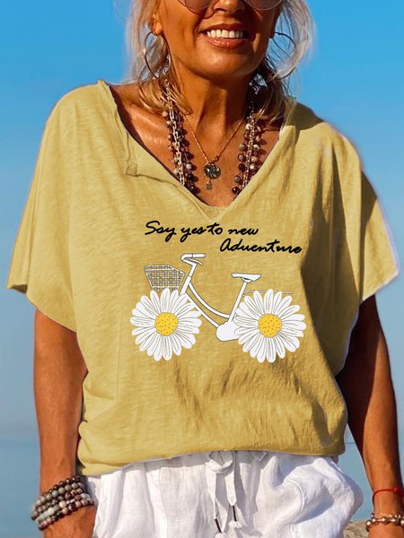 Summer Sunflower Mountain Flower Inspirational V Neck Short Sleeve Tops, Yellow, T-shirts