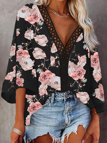 Vacation Floral V Neck Three Quarter Tops, Black, Blouses & Shirts