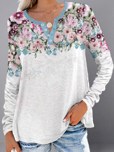 V Neck Floral Long Sleeve Casual T-Shirt, As picture, T-Shirts