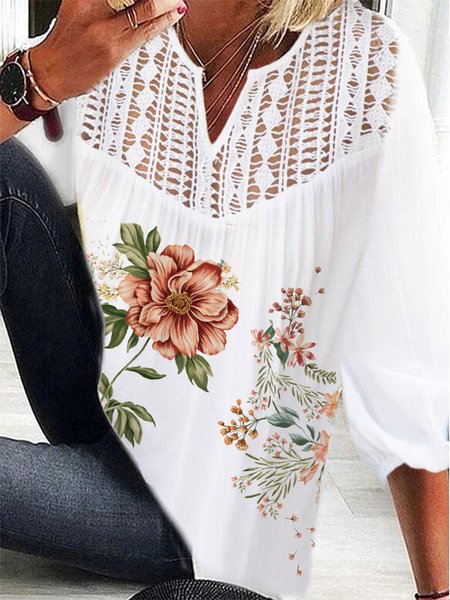 Lace Casual V neck Floral Half sleeve Tops, White, Tops