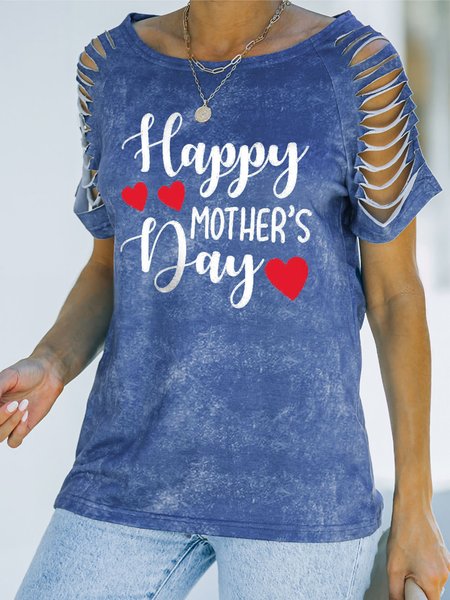 Crew Neck Letter Statement Short Sleeve T-Shirt, Blue, T-Shirts