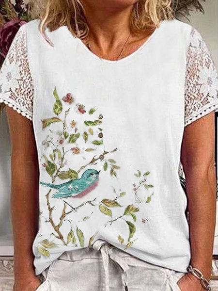 Vacation Floral U-Neck Loosen Short Sleeve T-Shirt, White, T-Shirts