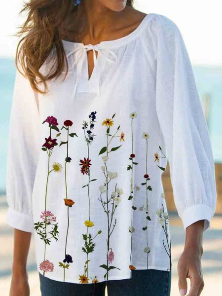 Crew Neck Long Sleeve Tops, White, Tunics