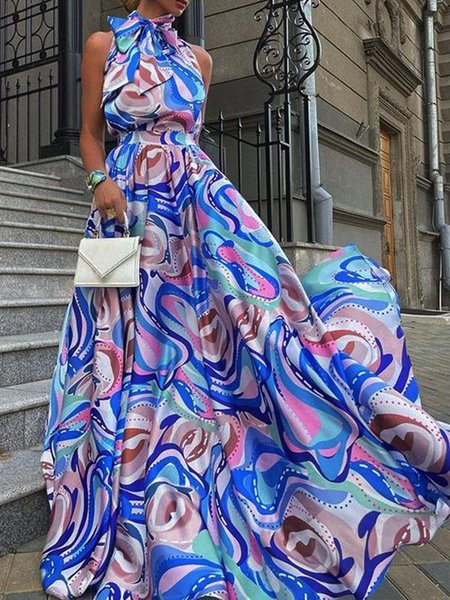 Vacation Abstract Regular Fit Short Sleeve Woven Dress, Blue, Maxi Dresses