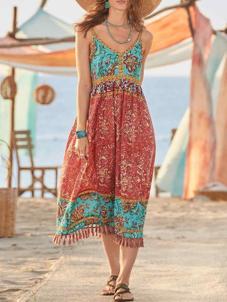 Tribal Casual V Neck Short Sleeve Woven Dress, As picture, Midi Dresses