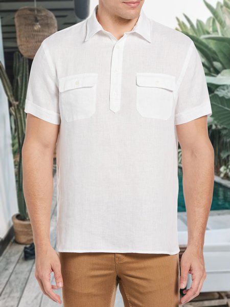 Men's Lapel Pullover Short Sleeve Shirt, White, Shirts & Blouse