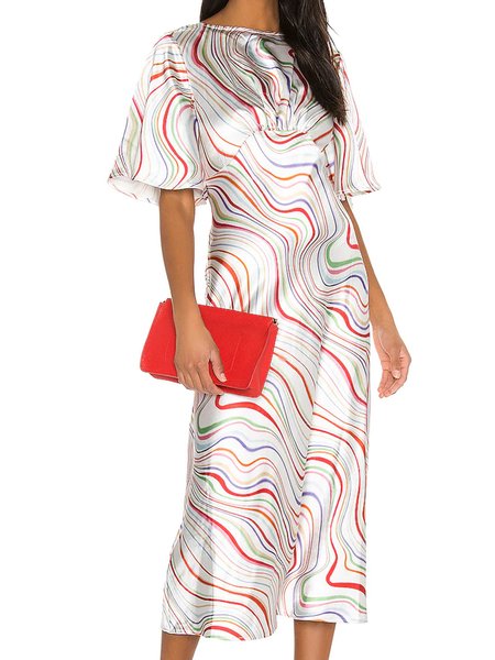 Crew Neck Regular Fit Elegant Short Sleeve Woven Dress, White, Maxi Dresses