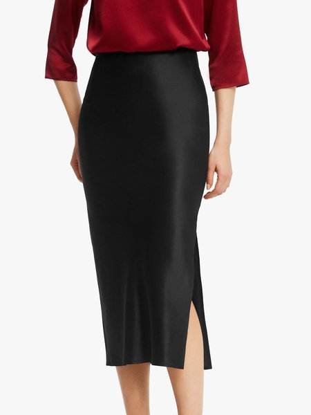 Elegant Solid Regular fit Work Midi Skirt, Black, Midi Skirts