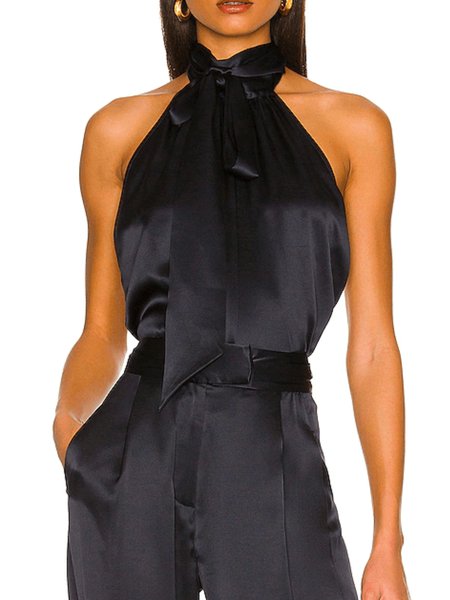 Summer Tie Neck Lightweight Knot Front Satin Short Sleeve Tops, Black, Tunics