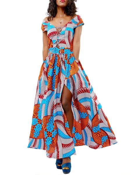 Tribal Regular Fit V Neck Short Sleeve Woven Dress, Blue, Maxi Dresses