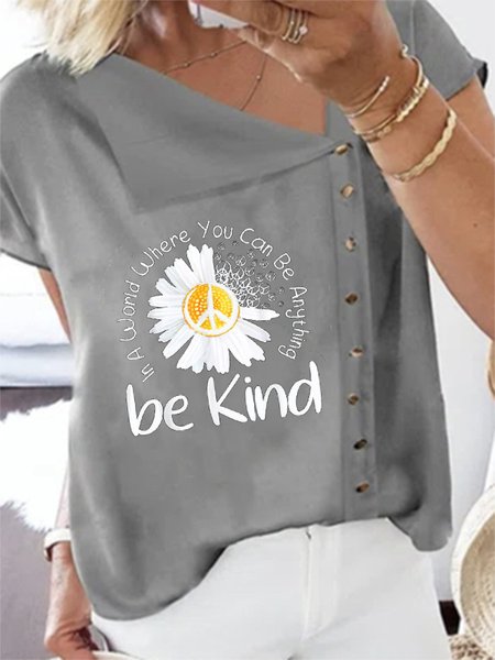 Lapel Casual Floral Short Sleeve Tops, Gray, Tops