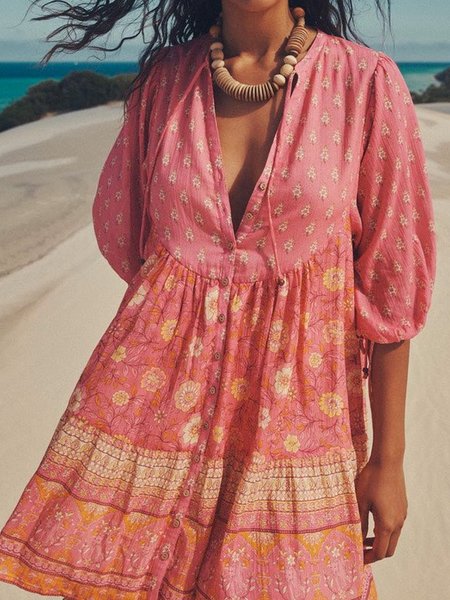 Boho Vacation Regular Fit V Neck Tribal Floral Short Sleeve Woven Dress, Rose red, Mini Dresses