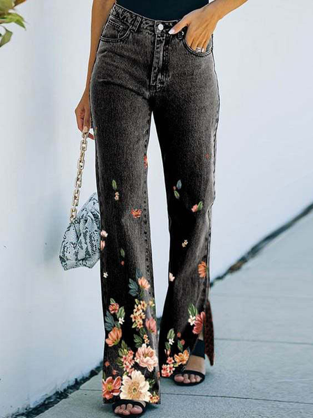 Slit Floral Vacation Jeans, Black, Jeans