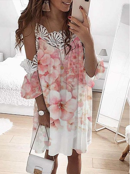 Loosen Floral Short Sleeve Woven Dress, White, Mini Dresses