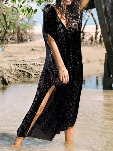 Plain Vacation beach loosen Short Sleeve Sweater smock Dress, Black, Dresses