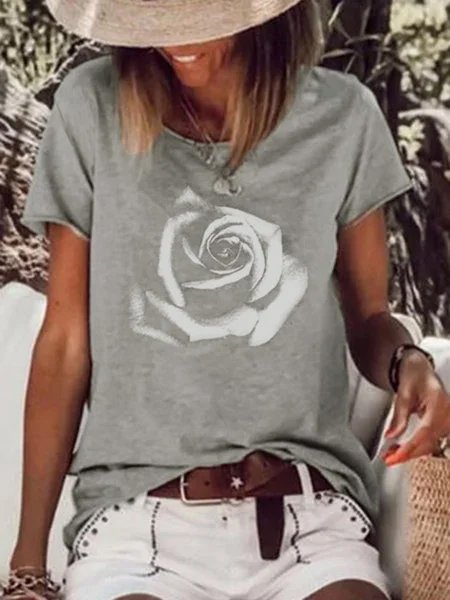 Crew Neck Casual Floral Short Sleeve T-Shirt, Gray, T-Shirts