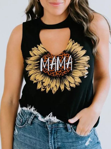 Loosen Sunflower Crew Neck Vacation Short Sleeve Tops, Black, T-Shirts