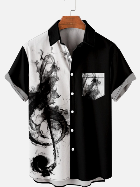 Men's Casual Music Notes Print Short Sleeve Shirt, Black, Short Sleeves Shirts
