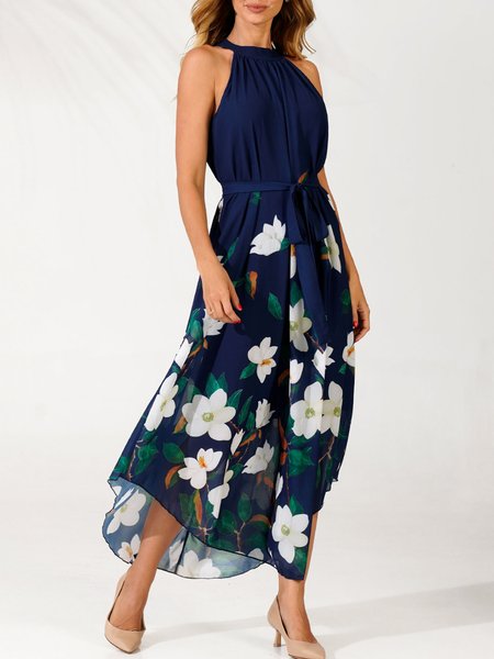 Floral Halter Sleeveless Woven Dresses, Blue, Maxi Dresses