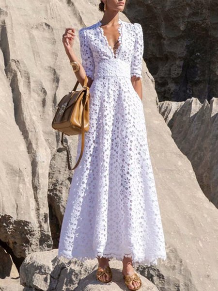 Solid Elegant Regular Fit Half Sleeve Maxi Dress, White, Maxi Dresses