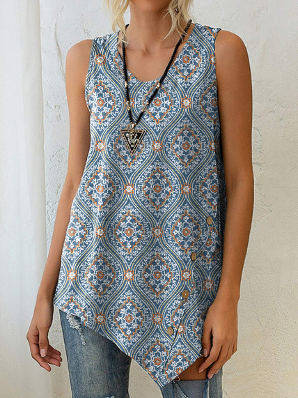 Round Neck Tribal Asymmetric Regular Fit Knit Tank, Blue, Tanks & Camis