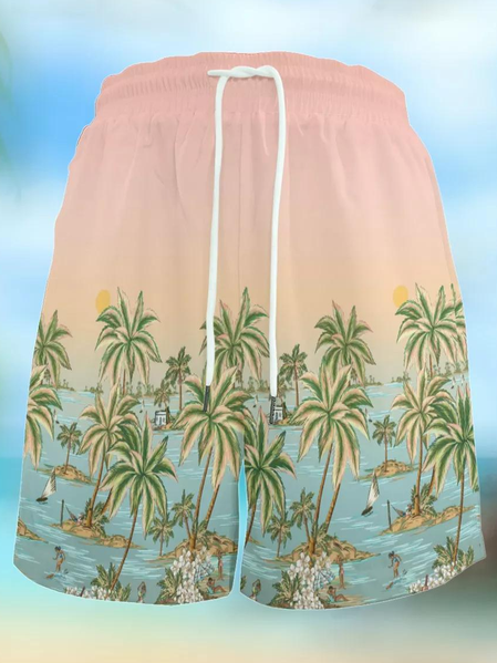 Mens Coconut Tree Elastic Waist Hawaiian Beach Shorts, As picture, Pants