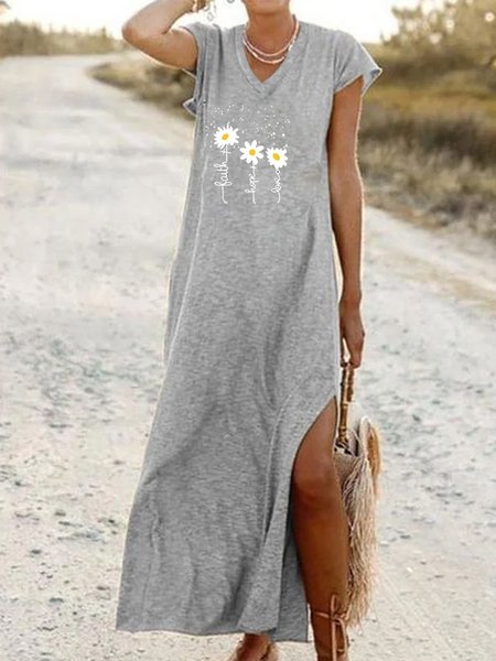 Casual V Neck Loosen Short Sleeve Knit Dress, Gray, Maxi Dresses