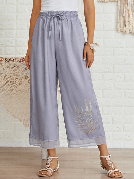 Womens Printed Casual Elastic Waist Loosen Ninth Pants, Purple, Pants
