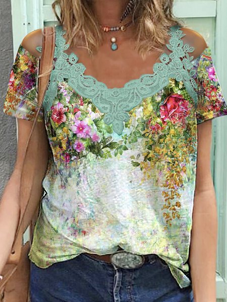Floral Printed Romantic Loosen Cotton Blends V Neck Short Sleeve T-shirt, As picture, T-Shirts
Floral Printed Romantic Loosen Cotton Blends V Neck Short Sleeve T-shirt, As picture, T-Shirts