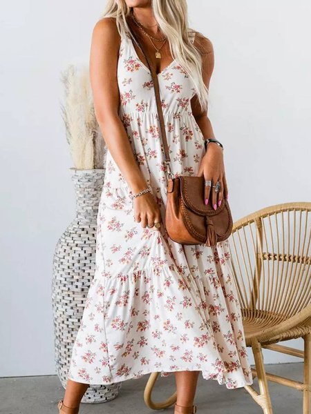 Floral Casual V Neck Sleeveless Dresses, White, Midi Dresses