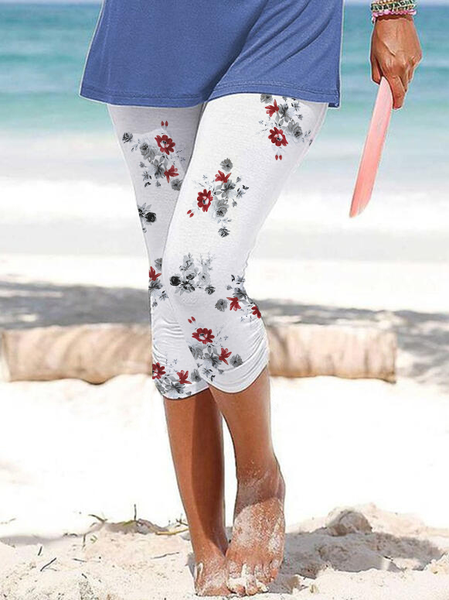 Casual Floral Cotton Blends Leggings, White, Pants
