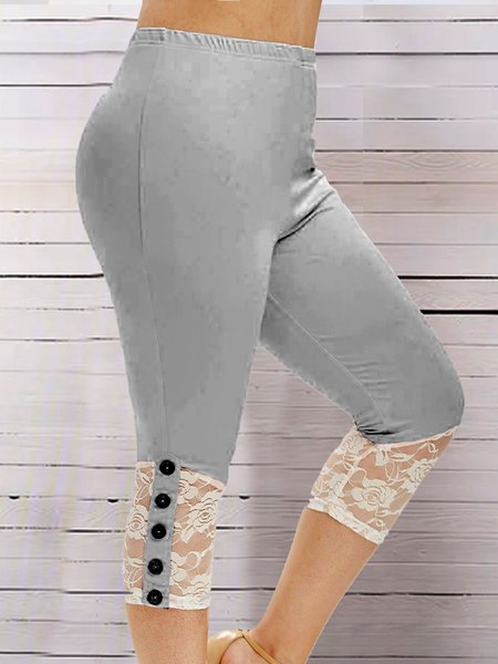 Lace Buttoned Plain Casual Leggings, Gray, Pants