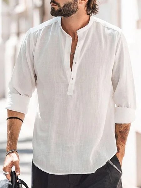 Men's Plain Cotton Linen Long Sleeve Shirt, White, Long Sleeve Basic Shirts