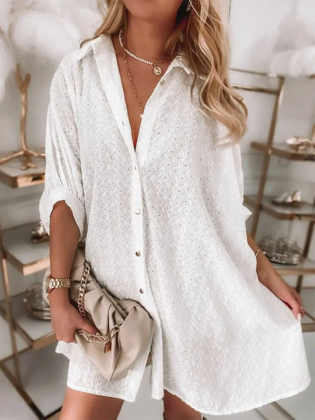 Shirt Collar Casual Cotton Half sleeve Woven Dress, White, Mini Dresses