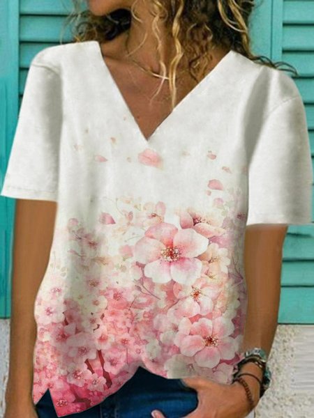 Cherry Blossoms Casual V Neck Short Sleeve Loosen Blouse Tops, White, Tops