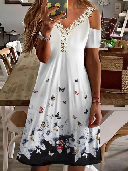 Vacation Floral Butterfly Loosen V Neck Midi Short Sleeve Knit Dress, White, Mini Dresses
Vacation Floral Butterfly Loosen V Neck Midi Short Sleeve Knit Dress, White, Mini Dresses