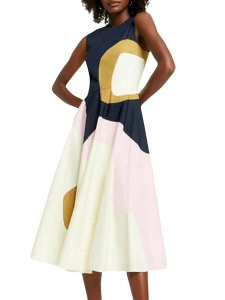 Color Block Regular Fit Sleeveless Woven Dress, Dark blue, Midi Dresses