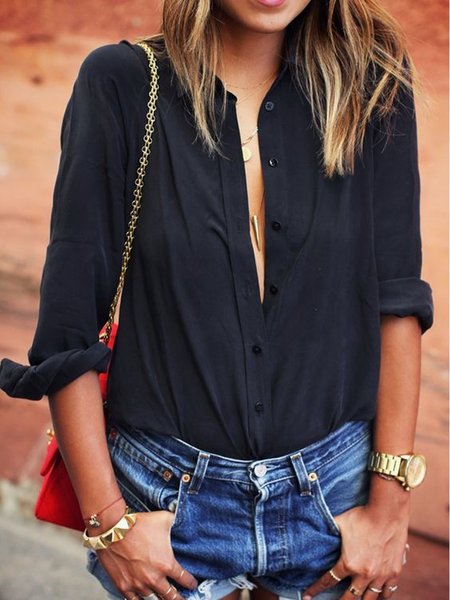 Plain Loosen Casual Long Sleeve Blouse, Black, Blouses & Shirts