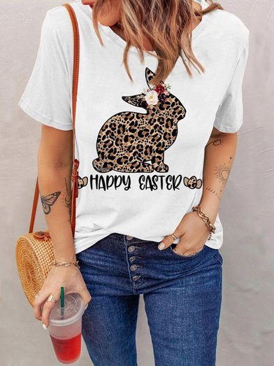 Leopard Loosen Crew Neck Short Sleeve T-Shirt, White, T-Shirts