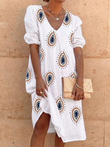 Ethnic Paisley Print Resort Casual Dress V Neck Loosen Paisley Short Sleeve Woven Dress, White, Dresses
Ethnic Paisley Print Resort Casual Dress V Neck Loosen Paisley Short Sleeve Woven Dress, White, Dresses