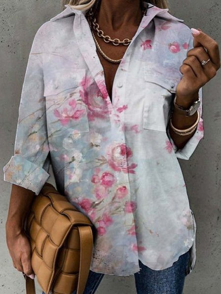 Shirt Collar Loosen Floral Short Sleeve Tops, White, Blouses & Shirts