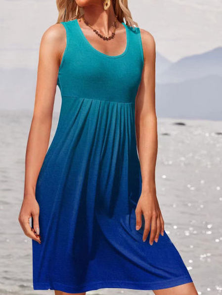 Vacation Ombre U-Neck Short Sleeve Knit Dress, Blue, Dresses