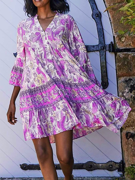 Paisley Floral Print V-neck Tiered Loosen Three Quarter Mini Dress, Purple, Dresses
Paisley Floral Print V-neck Tiered Loosen Three Quarter Mini Dress, Purple, Dresses