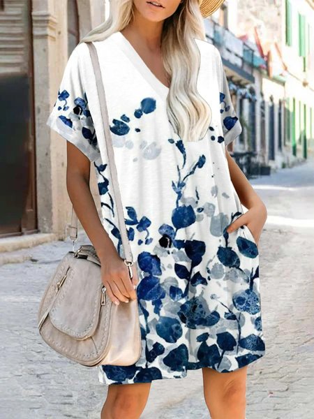 V Neck Vacation Floral Short Sleeve Woven Dress, Blue, Mini Dresses