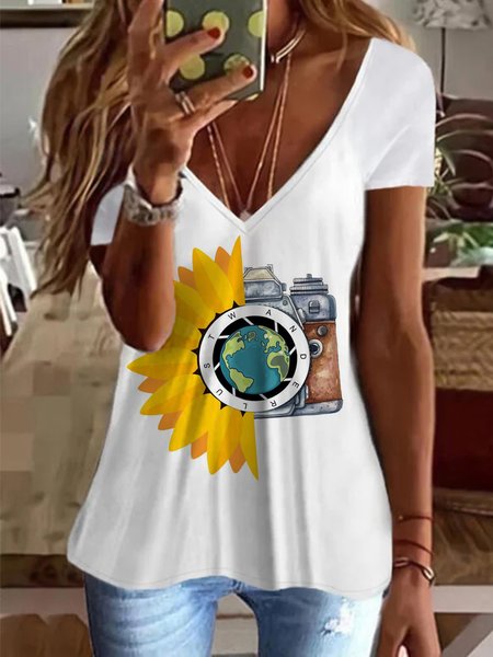 Vacation Casual Map Floral Printed Raglan Sleeve V Neck T-Shirt, White, T-Shirts