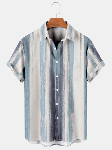 Men's Geometric Stripe Print Hawaiian Short Sleeve Shirt, As picture, Men's Floral shirt