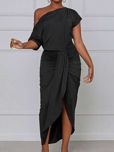 Summer Lightweight High Stretch Plain Short Sleeve Knit Asymmetrical Neck Dress, Black, Midi Dresses
Summer Lightweight High Stretch Plain Short Sleeve Knit Asymmetrical Neck Dress, Black, Midi Dresses
