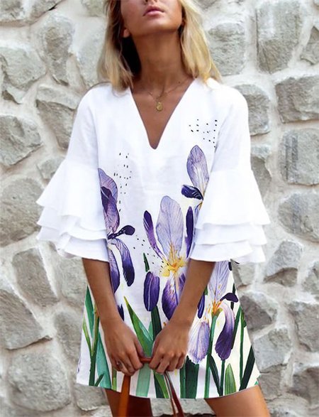 Boho Short Sleeve Woven Dress, White, Floral Dresses